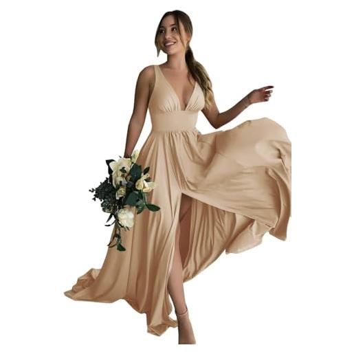 BABYONLINE D.R.E.S.S. abito da sera da cocktail, da donna, stile classico, lungo in vita, con scollo a v, con spacco, blu marino, 44