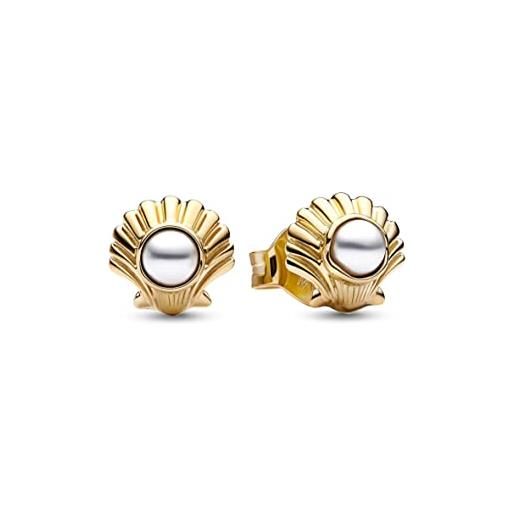 PANDORA disney orecchini a bottone la sirenetta a forma di conchiglia placcati in oro 14k con perla artificiale laccata bianca