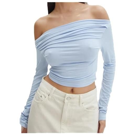 Dninmim maglietta da donna con scollo a barra, senza spalline, a maniche lunghe, tinta unita, vestibilità aderente, increspata, a, l