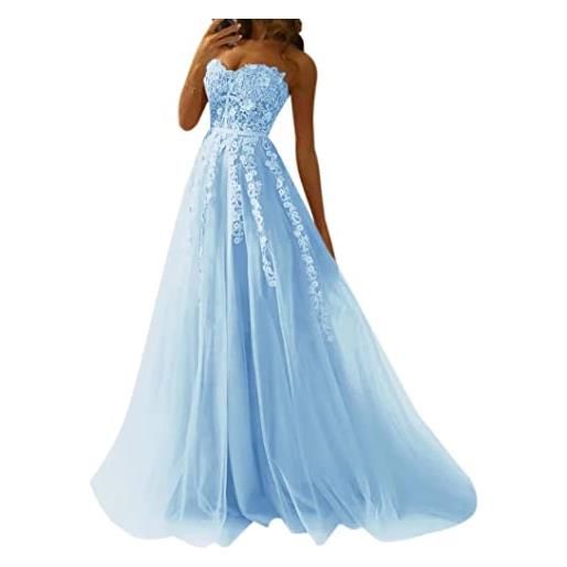 CLLA dress sexy senza spalline abiti da sera per le donne in pizzo appliques abiti da ballo backless lunghi tulle abiti da sposa, azzurro, 38