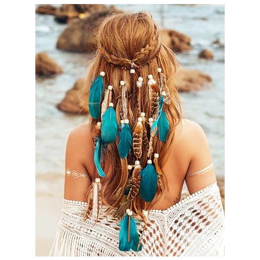 Fashband fascia per capelli indiana con piume, stile bohémien, hippie, tribale, con perline, per festival, feste, accessori per capelli per donne e ragazze