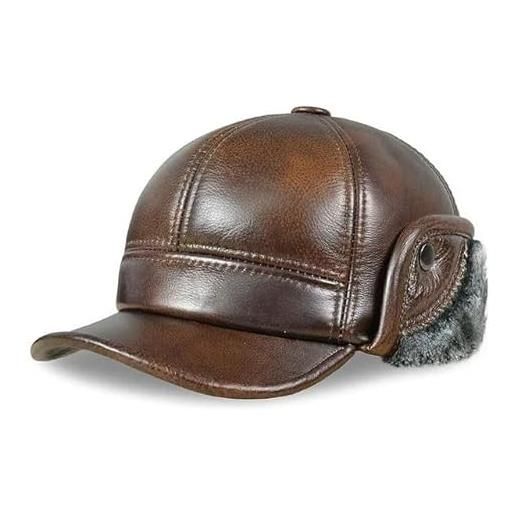 ESUKAR cappelli da baseball in vera pelle da uomo russo inverno neve caldo cappello da baseball/berretto con pelliccia sintetica all'interno per uomo anziano, marrone-c, xxl(59-60cm)