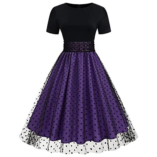Vagbalena abito da donna a maniche corte in rete a pois e tulle abito estivo swing abito girocollo maniche corte a pois splicing abito vintage hepburn (viola, xl)