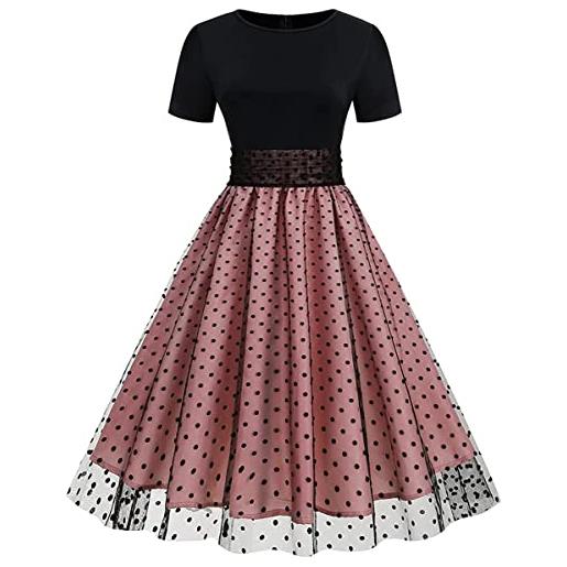 Vagbalena abito da donna a maniche corte in rete a pois e tulle abito estivo swing abito girocollo maniche corte a pois splicing abito vintage hepburn (blu, xl)
