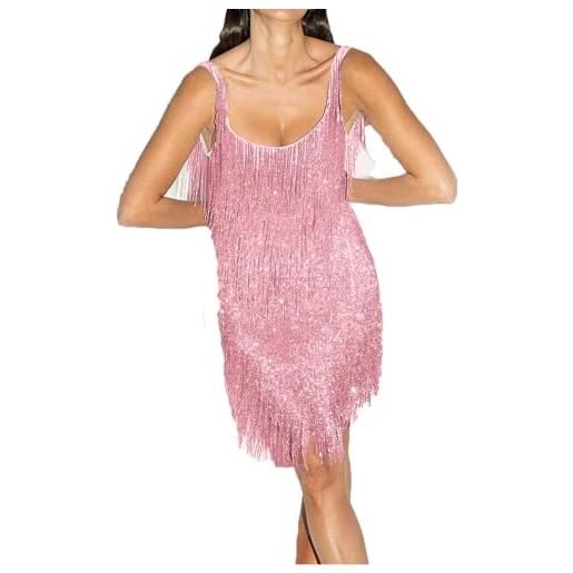 Qianderer mini abito da donna con paillettes glitterate, frange a strati, profondo scollo a v, schiena scoperta, senza maniche, con nappa, abito da discoteca, feste, ballo studentesco, scintillante, 