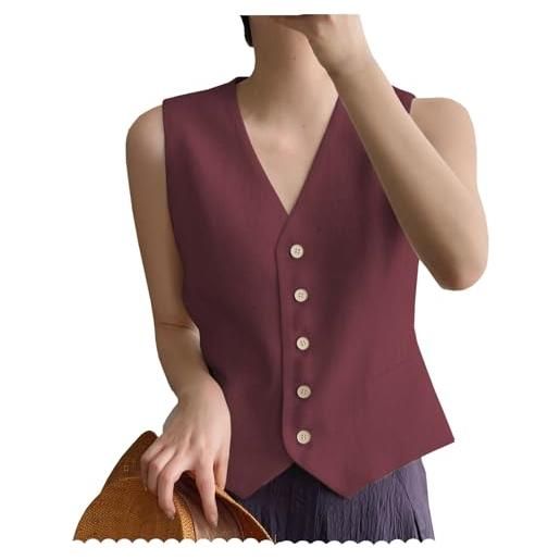 AeoTeokey gilet da donna in lino, con scollo a v, monopetto, elegante, per business, azzurro, xs