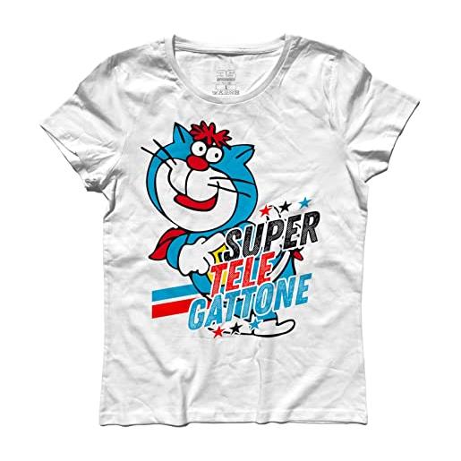 3styler t-shirt donna supertelegattone - gatto azzurro carosello - super telegattone - linea classic - 100% cotone 185 gr/mq (s, bianco)