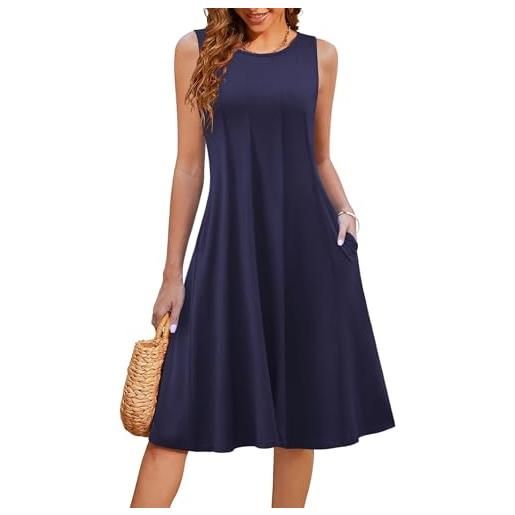 Hotouch abito estivo da donna senza maniche, girocollo, prendisole, colore solido, casual, con tasche, blu navy, taglia l