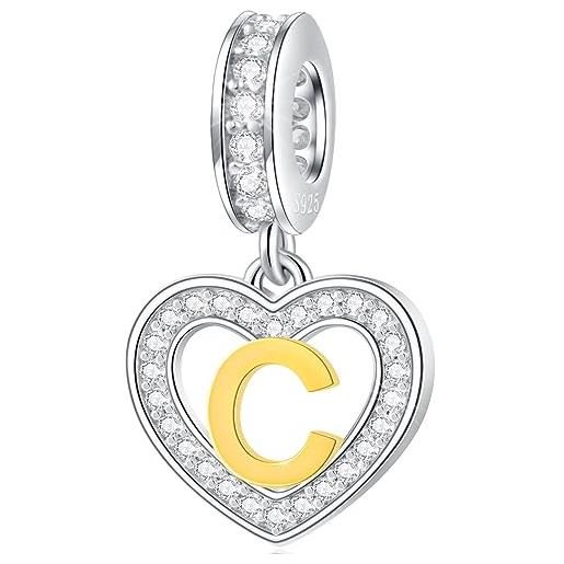 GLOWDAS lettera c charms iniziale collana ciondolo, 18k placcato oro letra c, argento sterling cuore alfabeto ciondoli cz perline, fit pandora natale bracciale, regali per coppia/cugino/nome personalizzato