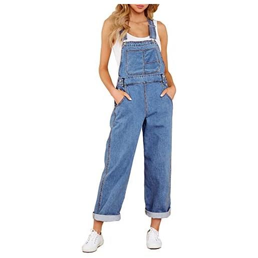 Roskiky salopette da donna in jeans loose fit denim bib baggy tuta straight wide leg stretch jean pantaloni alla moda, lago di sargasso, m
