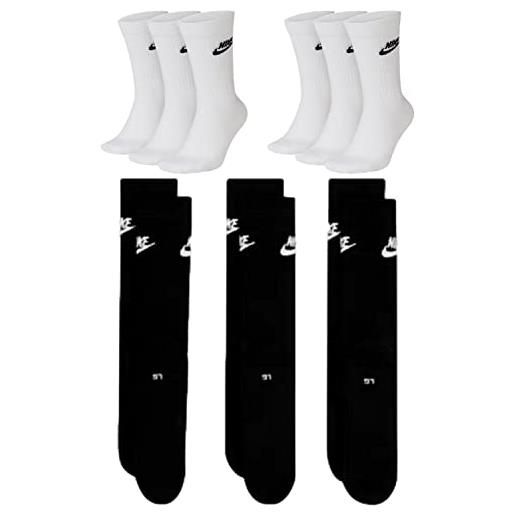 Nike sportswear everyday essential crew dx5025 - 6 paia di calzini sportivi , bianchi/neri/multicolore, taglia: 34/38/42/46/50, unisex, bianco nero, 42-46