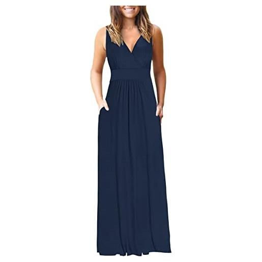 AUSELILY vestito donna estivo lungo curvy scollo a v senza maniche abito taglie forti casual con tasche fiore blu m