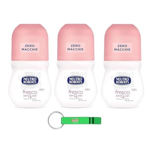 Beni Culinari neutro roberts, deodorante roll on fresco, senza sali di alluminio, senza macchie, profumo di monoi e fresia, deodorante unisex, 50 ml + portachiavi Beni Culinari