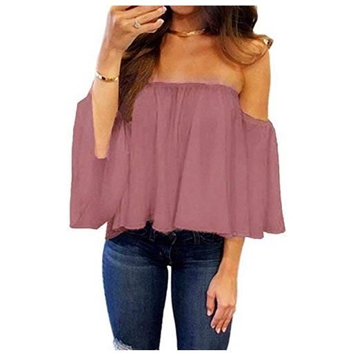 LaLaLa camicetta da donna elegante, senza spalline, con volant, maniche in chiffon, camicia sexy estiva rosso. M