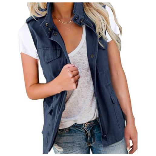 Imily Bela gilet cargo da donna senza maniche parka giacca corta con tasche e coulisse primavera estate gilet capispalla, blu mare, s
