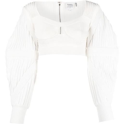 Hervé Léger blusa crop plissettata con maniche a palloncino - bianco