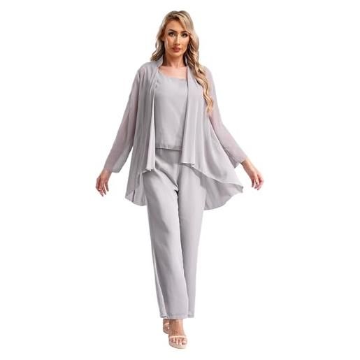 YiZYiF tailleur pantalone da donna 3 pezzi completo in chiffon da cerimonia eleganti canotta +manica lunga cardigan + pantaloni casual business outfit grigio 3xl