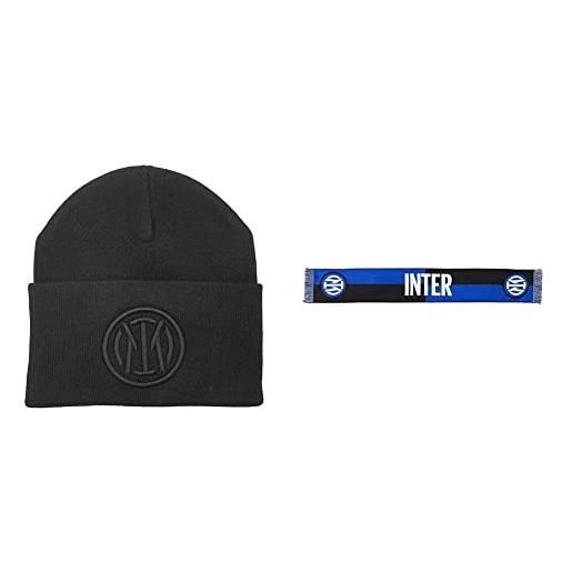 Inter, cappello unisex-adulto, nero, s-xl & sciarpa nuovo logo jaquard, diverse colorazioni, stadio unisex-adulto, scacchi nero/blu, taglia unica