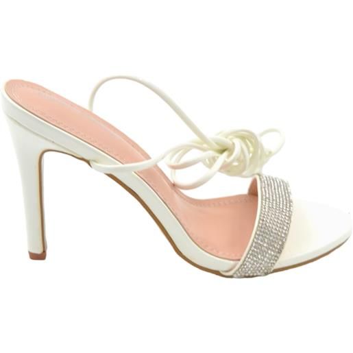 Malu Shoes sandali donna gioiello con tacco a spillo 10 cm in vernice bianco lacci alla schiava fascetta brillantini