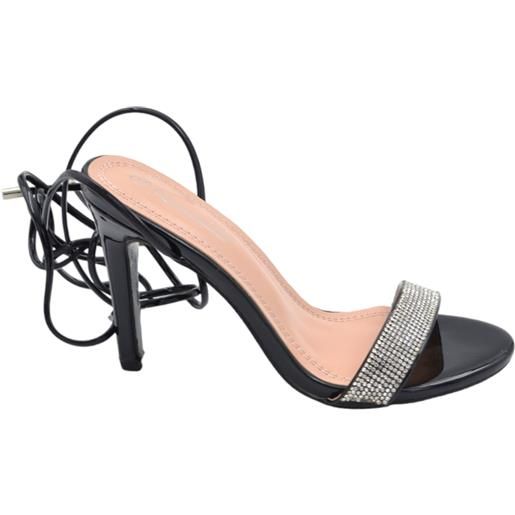 Malu Shoes sandali donna gioiello con tacco a spillo 10 cm in vernice nero lacci alla schiava fascetta brillantini