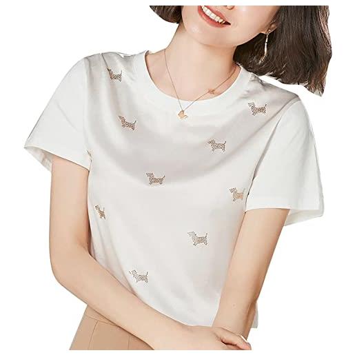 CYLZRCl girocollo da donna raso maniche corte, 100% seta maniche corte, t-shirt donna stampa animalier diamond, top seta gelso (color: white, size: xxl)