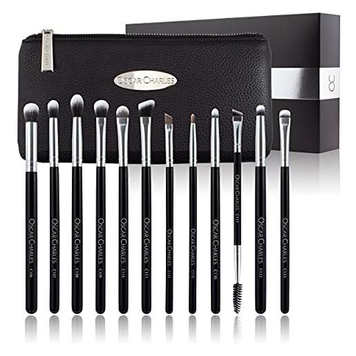 Oscar Charles set completo di 12 pennelli professionali per trucco occhi da donna, completo, con lussuosa pochette per cosmetici, argento