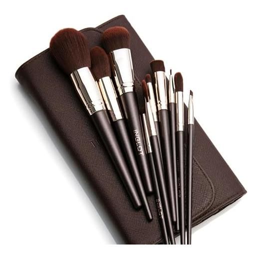 Inglot set di 10 pennelli per trucco professionali con custodia, setole morbide, manici in legno, marrone
