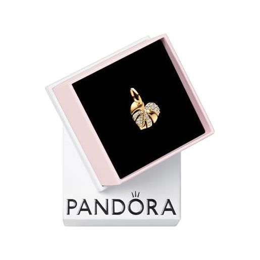 PANDORA pendente moments con foglia di monstera placcato in oro 14k con zirconia cubica trasparente
