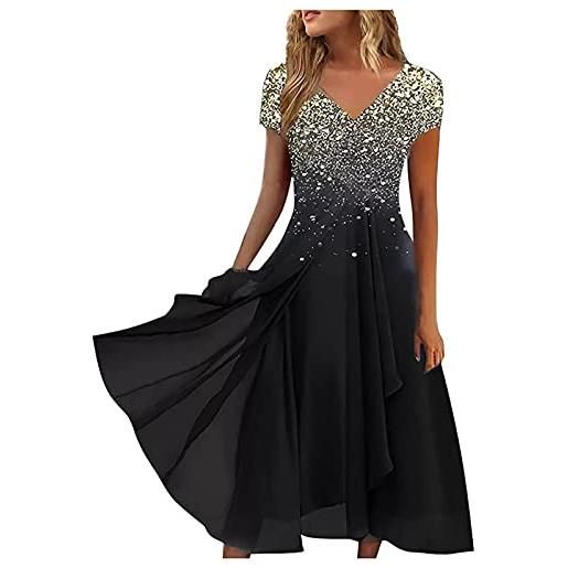 Generic abito oscillante da donna, elegante, con scollo a v, maniche corte, in chiffon, con orlo irregolare, taglie s-5xl, nero , xxl
