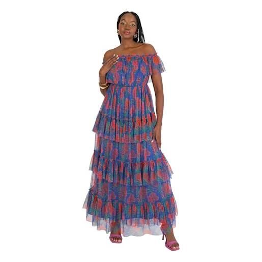 Anaya with Love maxi dress ladies off shoulder bardot neckline tiered ruffle tulle tropical floral print wedding guest prom vestito, blu cobalto, 42 donna
