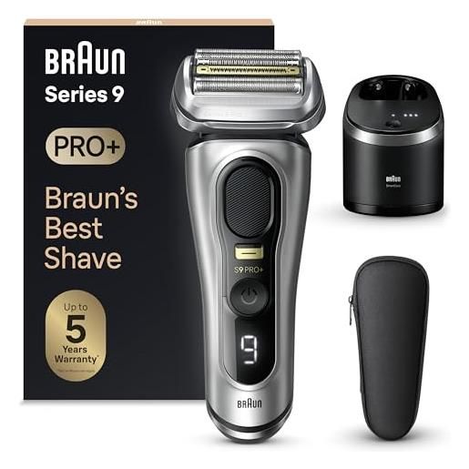 Braun series 9 pro+, rasoio elettrico, regolabarba uomo, rifinitore di precisione, custodia viaggio, lame flessibili, smart. Care, impermeabile, batteria litio ion, idea regalo, serie 9567cc argento