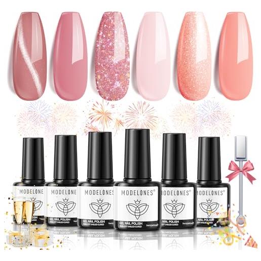 Modelones smalto uv 6 colori gel smalto uv con magnete, smalto per unghie cat eye gel uv set smalto rosa nude glitter shellac smalto soak off french manicure fai da te regali per la primavera estate 7