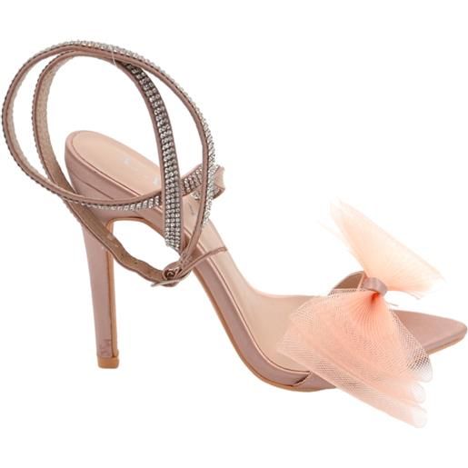 Malu Shoes sandalo tacco rosa a punta con fiocco in tulle tacco sottile 12 cm chiusura alla caviglia con brillantini moda cerimonia
