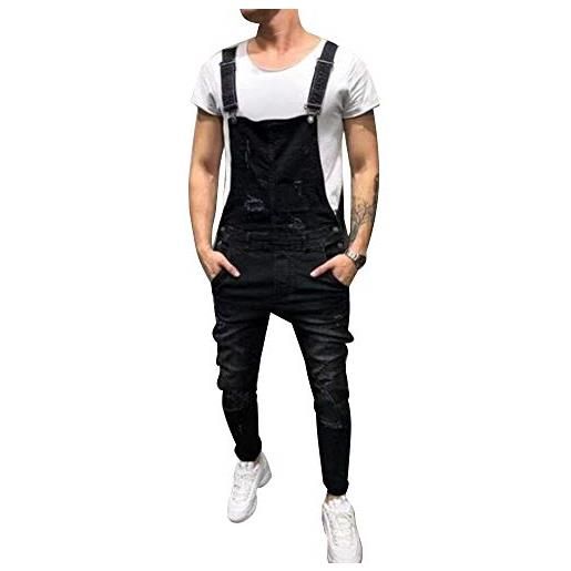 AnyuA uomo salopette in jeans, con tasca sul petto, jumpsuit tuta, denim nero s