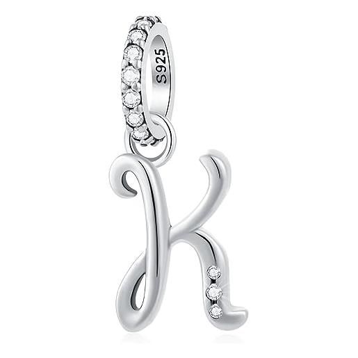 GLOWDAS lettera k charms alfabeto ciondolo, 925 argento sterling iniziale k pendente cz perlina fit pandora stile momento bracciale con letra, regali per i bambini/custode/cugino/dio figlia/mamma