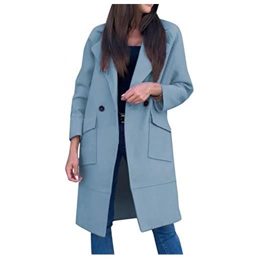 RENYIN lungo donna trench coat risvolto cappotto tinta unita casual outwear classico inverno caldo giacche, azzurro, 3xl