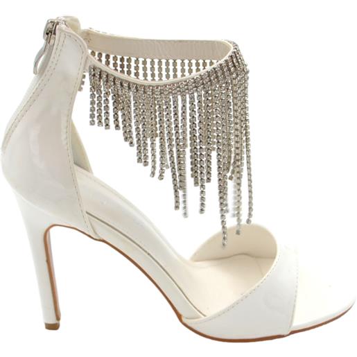 Malu Shoes sandalo alto donna in tessuto lucido bianco con accessorio pendente di strass alla caviglia tacco a spillo 12 cm