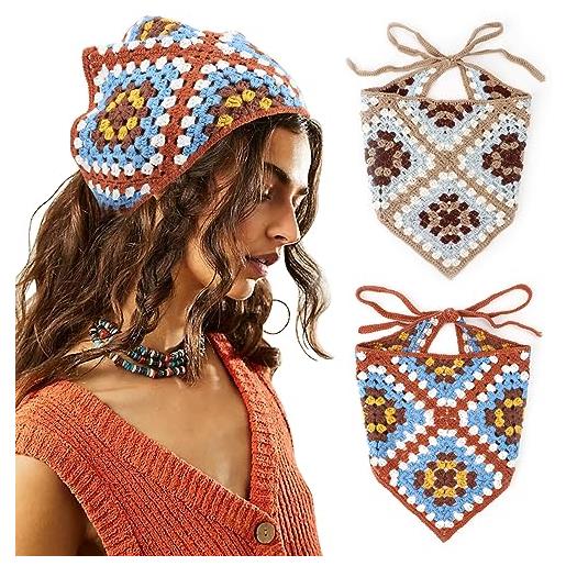 DRESHOW 2 pezzi bandana capelli all'uncinetto vintage annodato foulard stampa fragola fascia testa lavorato a maglia per donna&ragazze