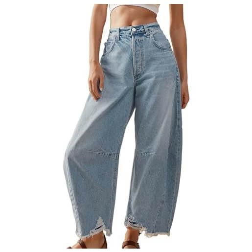 Beokeuioe balloon horseshoe jeans barrel jeans da donna baggy jeans a gamba larga, vita media, cropped raw hem boyfriend, jeans da donna, casual, streetwear, a azzurro. , xl