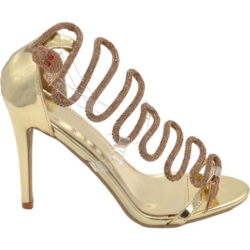 Malu Shoes sandali gioiello donna vernice oro accessorio serpente bronzo avvolgente cinturino trasparente alla caviglia tacco 12