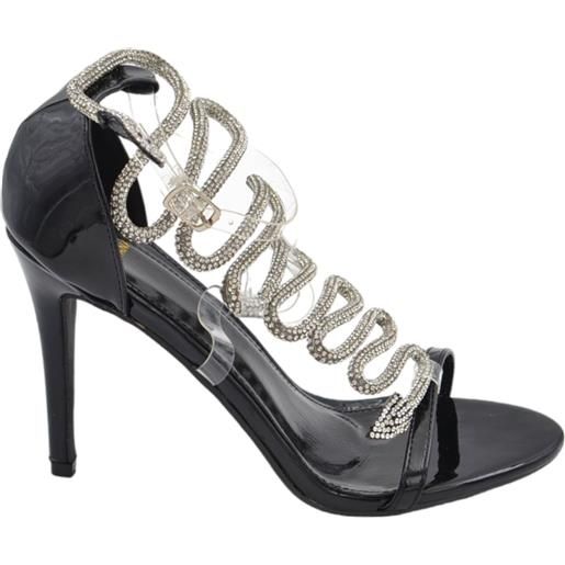 Malu Shoes sandali gioiello donna vernice nero accessorio serpente argento avvolgente cinturino trasparente alla caviglia tacco 12