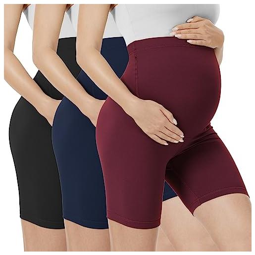 VALANDY creamlush - pantaloncini premaman sopra la pancia, da motociclista, a vita alta, leggings corti per atletica, corsa, yoga, gravidanza, 12,7 cm - confezione da 3 - nero/blu navy/bordeaux, xl