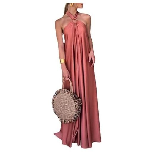 Jiqoe abito lungo da donna senza maniche con scollo all'americana e schiena scoperta, con orlo svasato, con laccetto posteriore e spalle scoperte, in raso, arancione, s-l