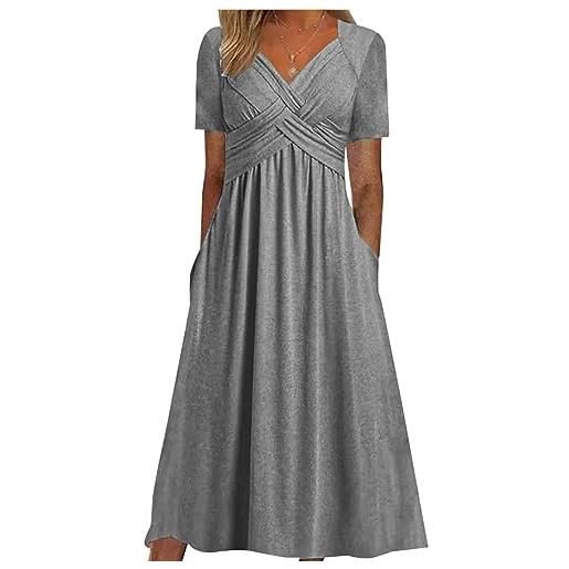 Generic abito da donna elegante, in tinta unita, maxi abito estivo con scollo a v, a maniche corte, per il tempo libero, da spiaggia, da donna, in stile bohémien, blu, xxxl