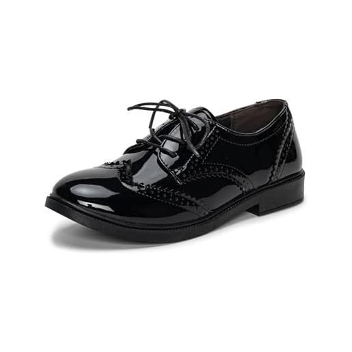 Rimhold scarpe brogue da donna con punta ad ala oxfords in pelle verniciata con lacci tacco basso décolleté business appartamenti signora vintage brogue, nero vernice, 38 eu