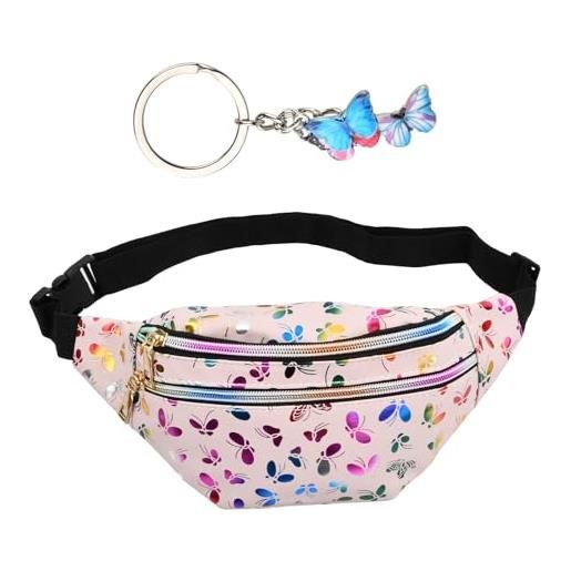 Shengxi marsupio da donna moda borsa marsupio elegante con stampa a farfalla per bambini marsupio impermeabile in pelle pu con portachiavi a farfalla marsupio regolabile per viaggi (rosa)