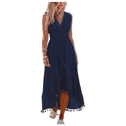 CUPSHE abito estivo da donna, in pizzo, scollo a v, senza maniche, a vita, lungo, per il tempo libero, con nappa, da spiaggia, beige. , m