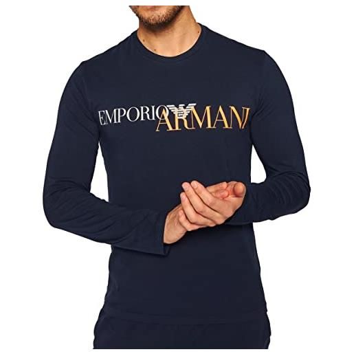 Emporio Armani - t-shirt da uomo - 111907 0a516 - t-shirt manica lunga, girocollo, blu scuro/logo arancione, s