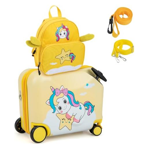 RELAX4LIFE set valigia cavalcabile/trolley per bambini 18'' con zaino 12'', 4 ruote girevoli, maniglia retrattile 56cm, 2 cingie multiuso, zaino: 26x30cm/trolley: 47x26,5x36,5cm (giallo chiaro)