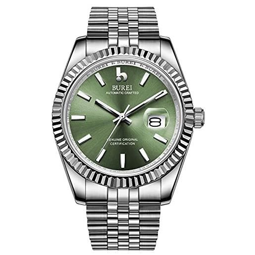 BUREI orologio meccanico automatico da uomo, di lusso, impermeabile, in acciaio inox, a carica automatica, verde/argento. , stile aziendale